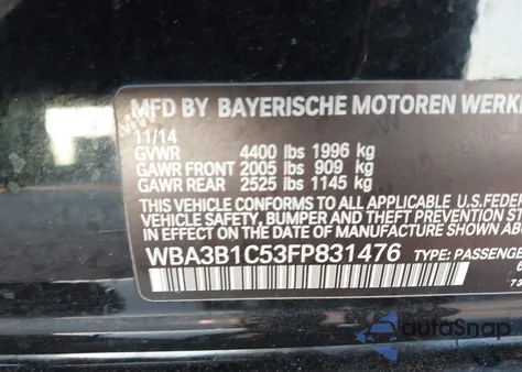 2015 BMW 320 I from USA, damaged, VIN WBA3B1C53FP831476